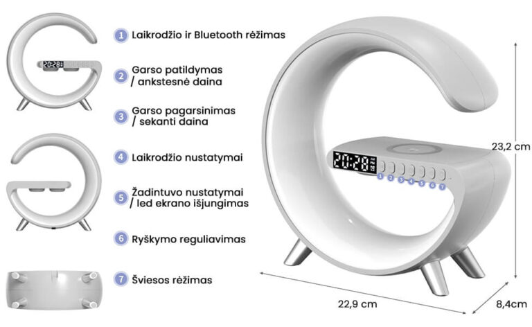 LED-lampe med trådløs telefonoplader, højttaler og vækkeur Užsisakykite Trendai.lt 8