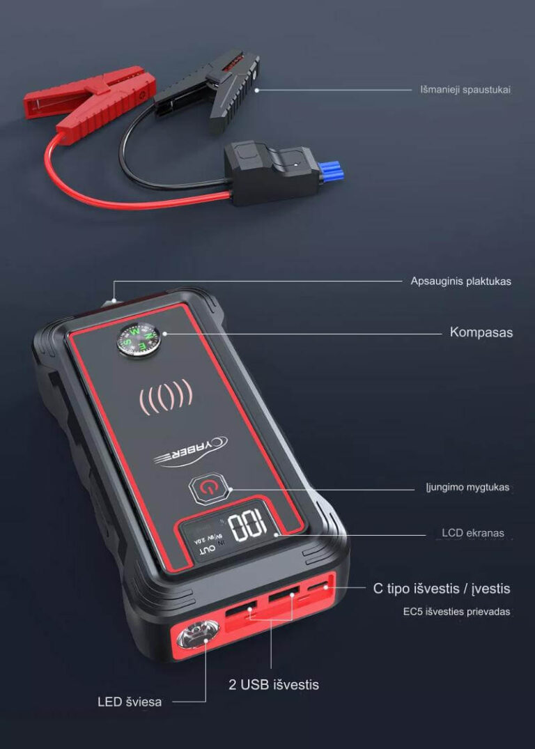 Kraftig Power Bank bilbatteri boosteroplader 2500A 23800mAh med 10W trådløs oplader Užsisakykite Trendai.lt 8